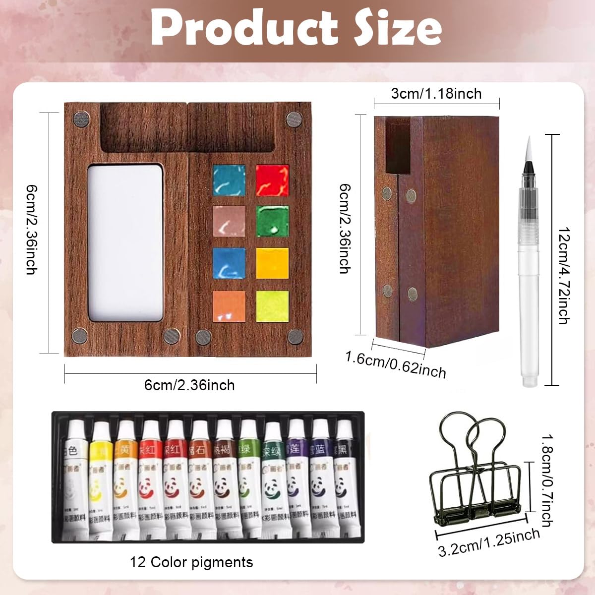 HASTHIP Pocket Watercolor Paint Set with 2.36 in Mini 8 Grid Palette and 12 Colors | Travel Sketching Kit with Brush Pen and Drawing Book