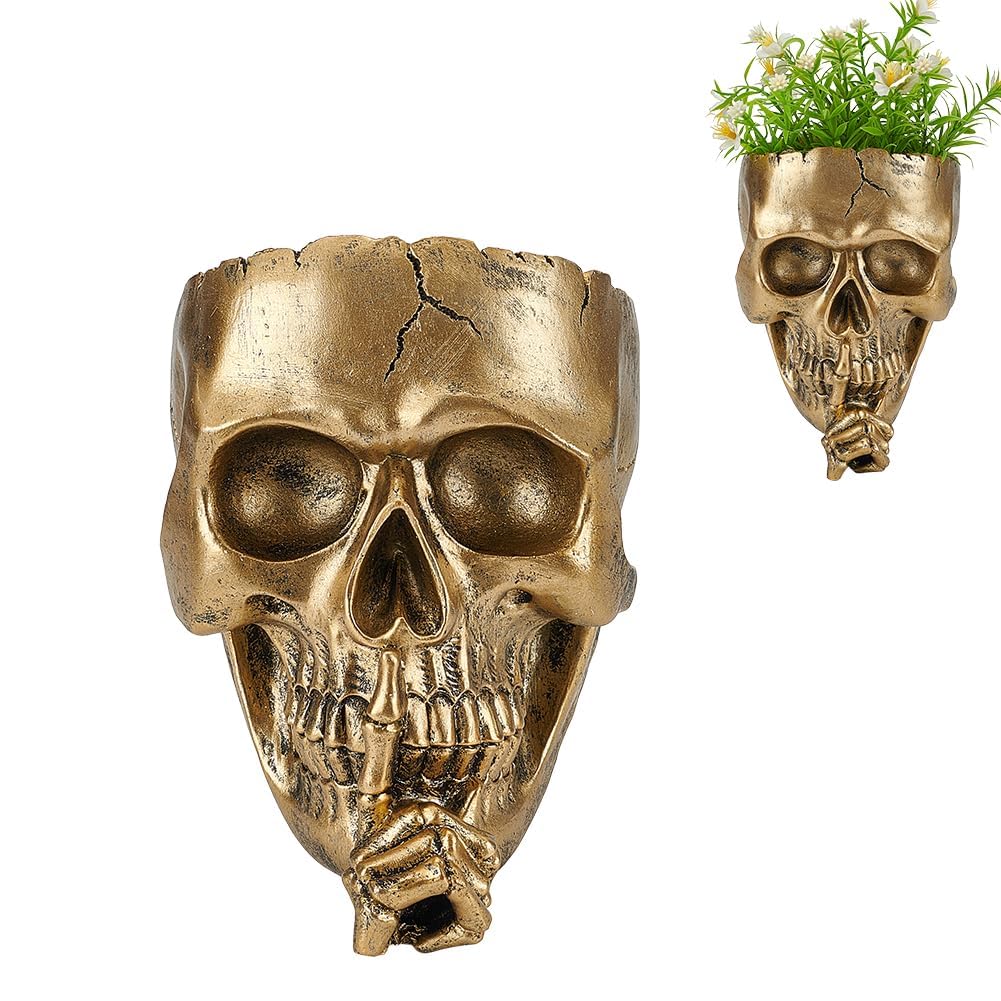HASTHIP Halloween Skull Wall Planter for Garden Decor 12.5x19.5cm featuring Resin Body and Golden Finish | Gothic Room Accent