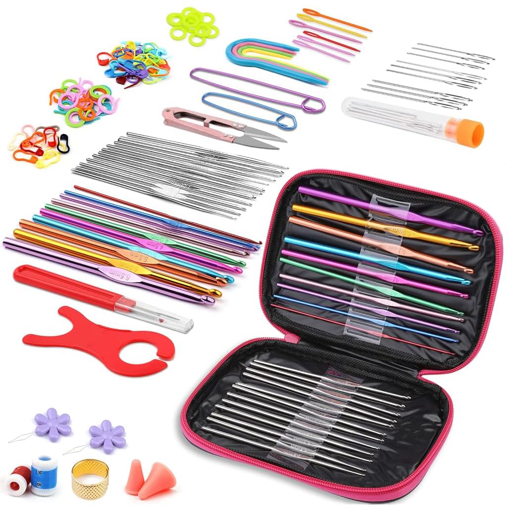 HASTHIP Ergonomic Crochet Hooks Set with 9 Sizes 2–6mm and Silicone Handles | 20 Markers & 6 Needles