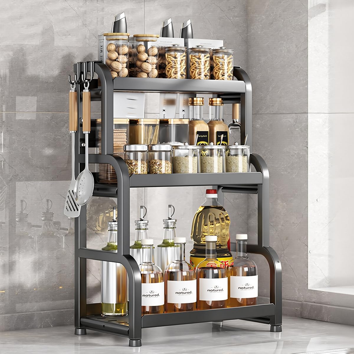 HASTHIP Kitchen Condiments Organizer Rack with Hooks and 47x22x56cm Triple Layer Carbon Steel Shelf | Space Saving Counter Storage