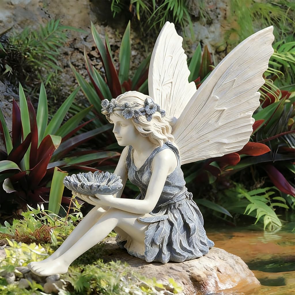 HASTHIP® Estatua de Hada para Jardín al Aire Libre,Decoración de Jardín Resina Impermeable,Figura Hada Decorativa para Patio Césped y Terraza Escultura Arte Exterior