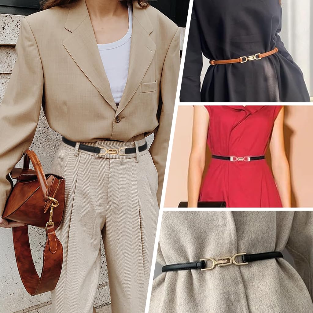 HASTHIP® Cinturones Finos para Mujer 2 Piezas, Cinturón de Cuero PU con Hebilla Dorada Ajustable, Cinturón Elegante para Vestidos, Camisas, Blazers y Conjuntos de Moda