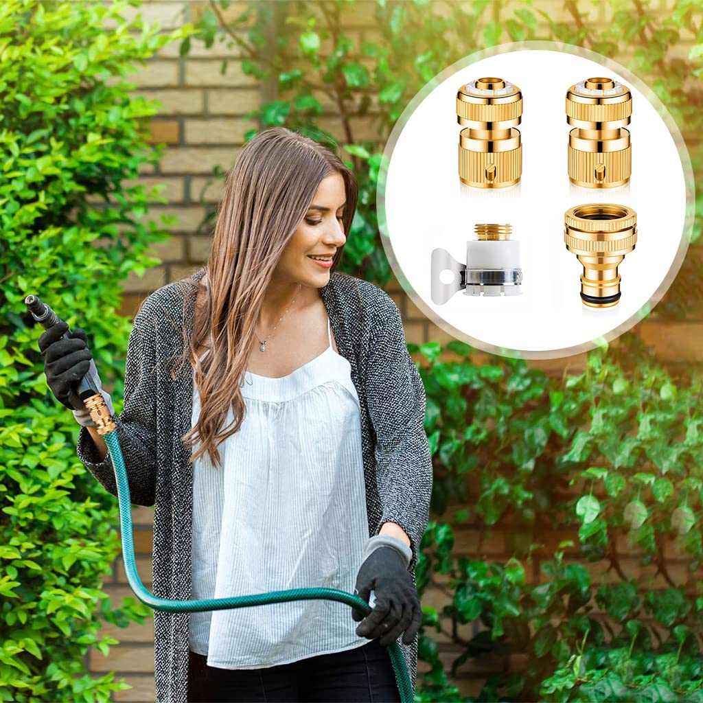 4Pcs Universal Tap Connector, Brass Pipe Connector for Tap, Garden Hose Quick Connectors, 1/2 & 3/4 Inch Universal Faucet Adapter Tap Connector Sets for Garden Bathroom Kitchen Outdoors