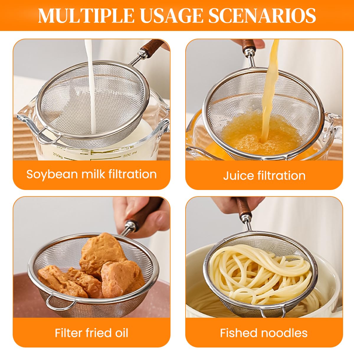 HASTHIP® Mesh Strainer for Kitchen, Colander Skimmer 304 Stainless Steel with Wooden Handle, Sieve Sifters for Food, Tea, Rice, Oil, Noodles