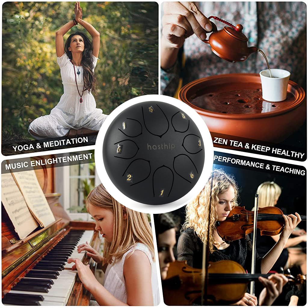 HASTHIP Steel Tongue Drum for Meditation and Yoga featuring 8 Notes 6 inch Titanium Alloy | Black