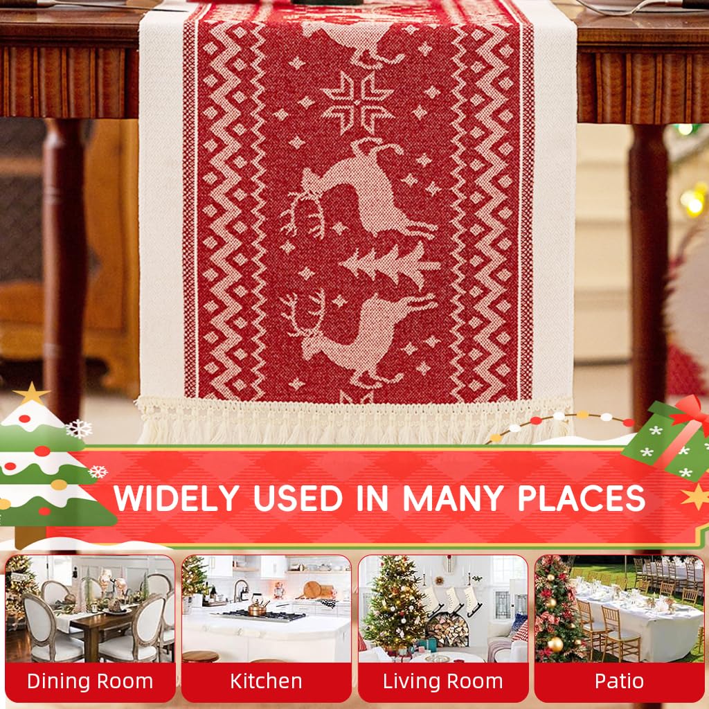 HASTHIP Christmas Table Runner for Holiday Dining with Tassel Edges 13.7x70.8 in Cotton Linen | Festive Red Elk and Snowflake Design