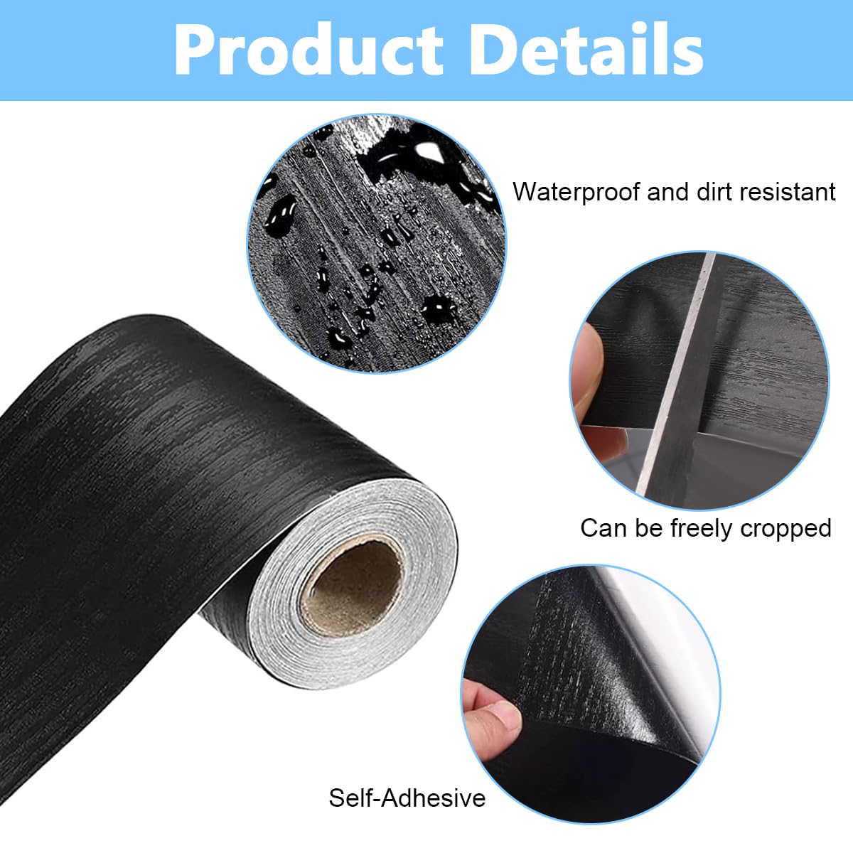 HASTHIP Wood Grain PVC Solid Stickers for Walls and Floors with Self Adhesive Backing | 32.8Ft x 3.9 Inches Waterproof Black Wooden Border