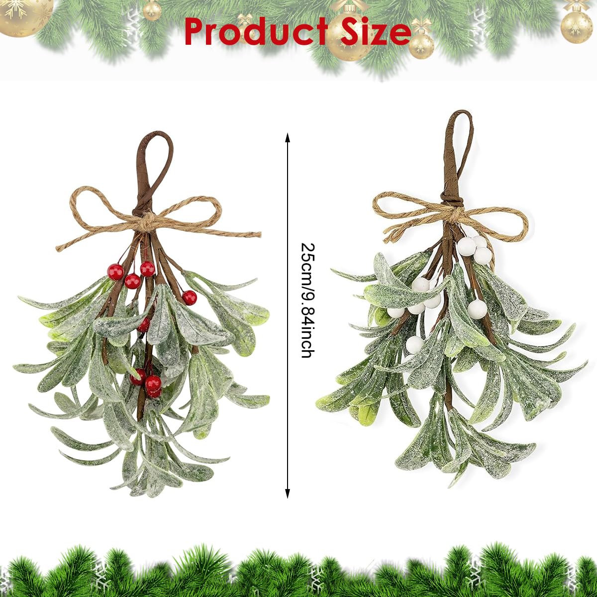 HASTHIP Artificial Christmas Mistletoe for Doors and Walls with Rope Hanging | 2 PCS 9 in Branches with Red and White Berries