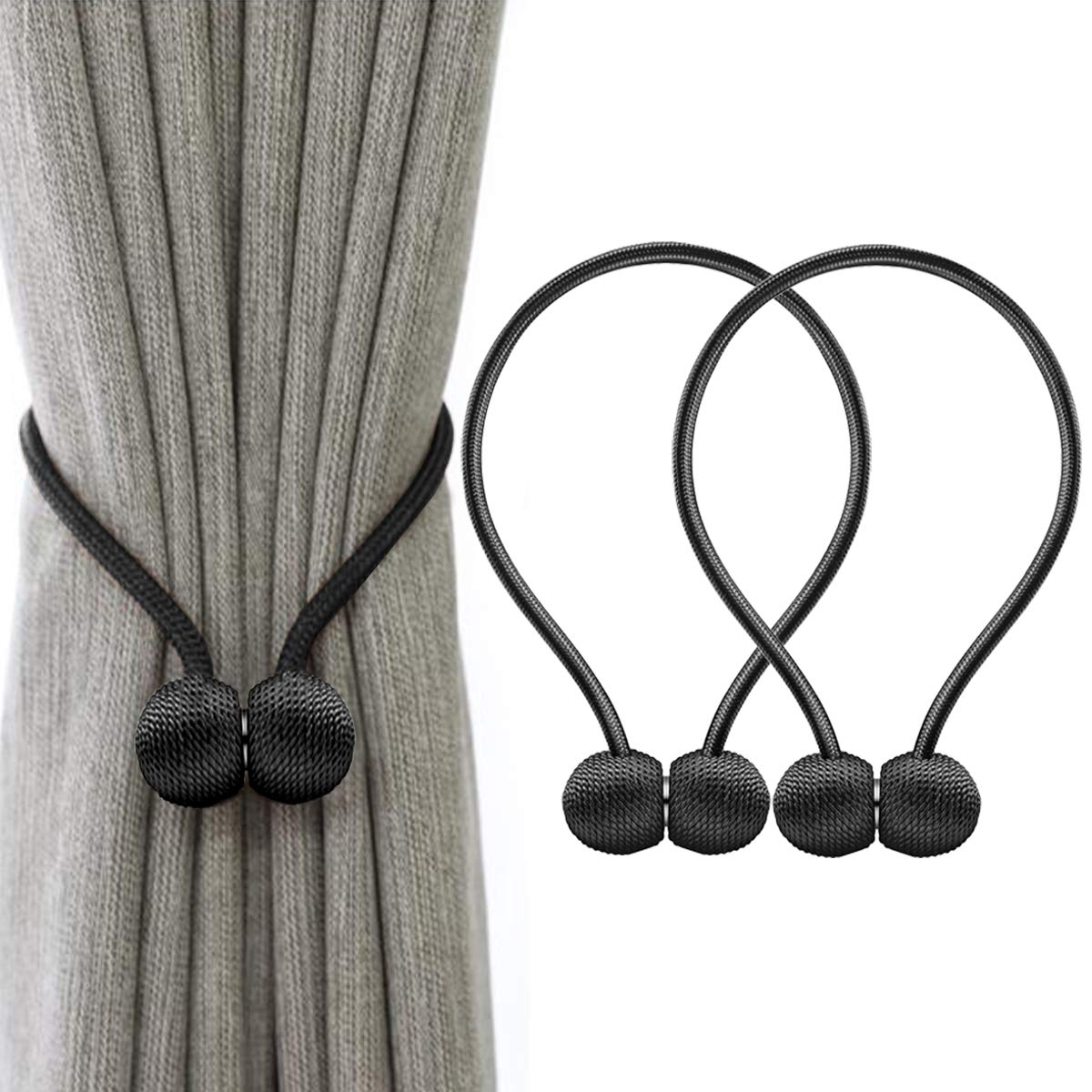 HASTHIP Magnetic Curtain Tiebacks Pack of 2 for Home and Office with 16in Rope | Eco-Friendly Woven Black Holdbacks
