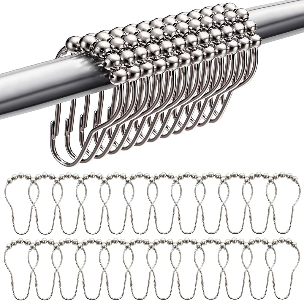 HASTHIP Shower Curtain Hooks for Bathroom Rods featuring Spherical Roller Balls | 24 pcs Stainless Steel 6 x 4cm Silver Rings