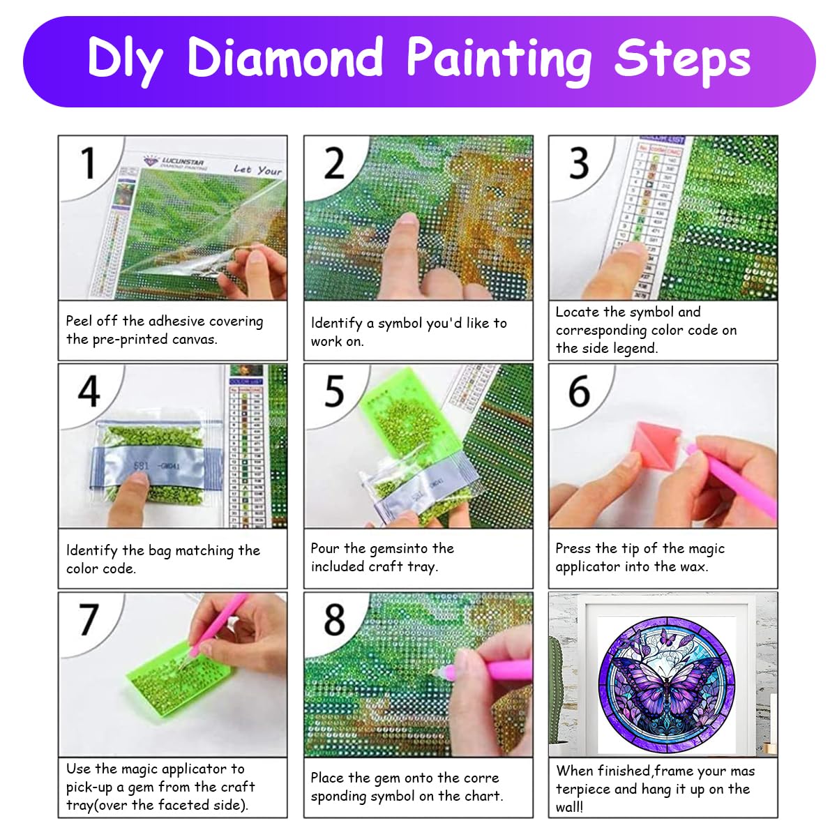 HASTHIP Butterfly 5D Diamond Painting Kit for DIY Wall Art with Tools Blue Purple 14x14 in 2 pcs