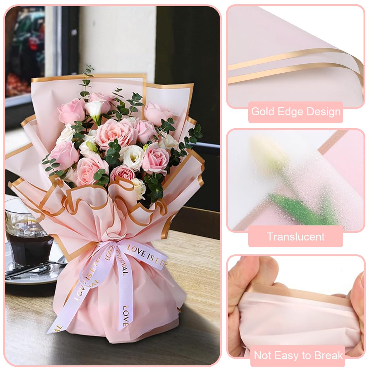 HASTHIP Gift Wrapping Paper Sheets for Floral Bouquets with Glossy Finish and Gold Border | 20 Sheets Waterproof Black 58x58cm