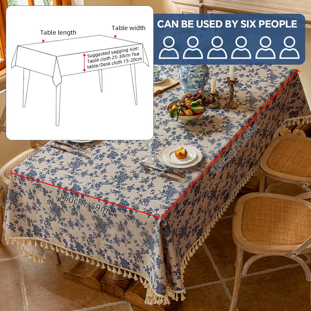 HASTHIP Floral Table Cloth for Dining and Kitchen with Tassel Fringe 150x180 cm Blue Linen Blend | Rustic Decorative Cover for Indoor and Outdoor Use