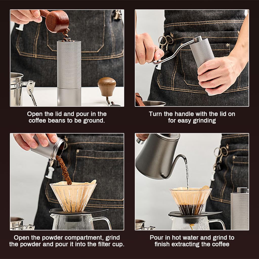 Coffee Grinder Machine Full Metal Manual Coffee Bean Grinder with Grind Size Adjust Knob 25g Capacity CNC Steel Conical Burr & Wooden Grip Handle for Camping Espresso Hand Brew Coffee Crusher