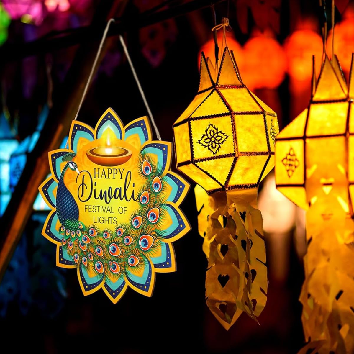 HASTHIP Diwali Door Hanging for Home and Party Decor with Rope 9.84 in Wood Peacock Sign