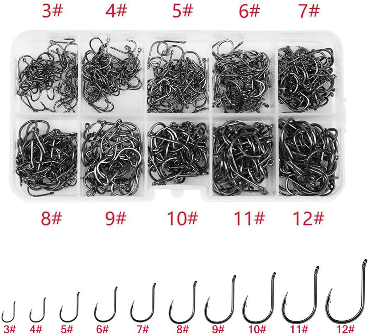 Proberos 500pcs High Carbon Steel Fishing Hooks with Plastic Box, 10 Sizes Fish Hook with Barbs for Freshwater/Seawater, 3# - 12#(50pcs/ Size)