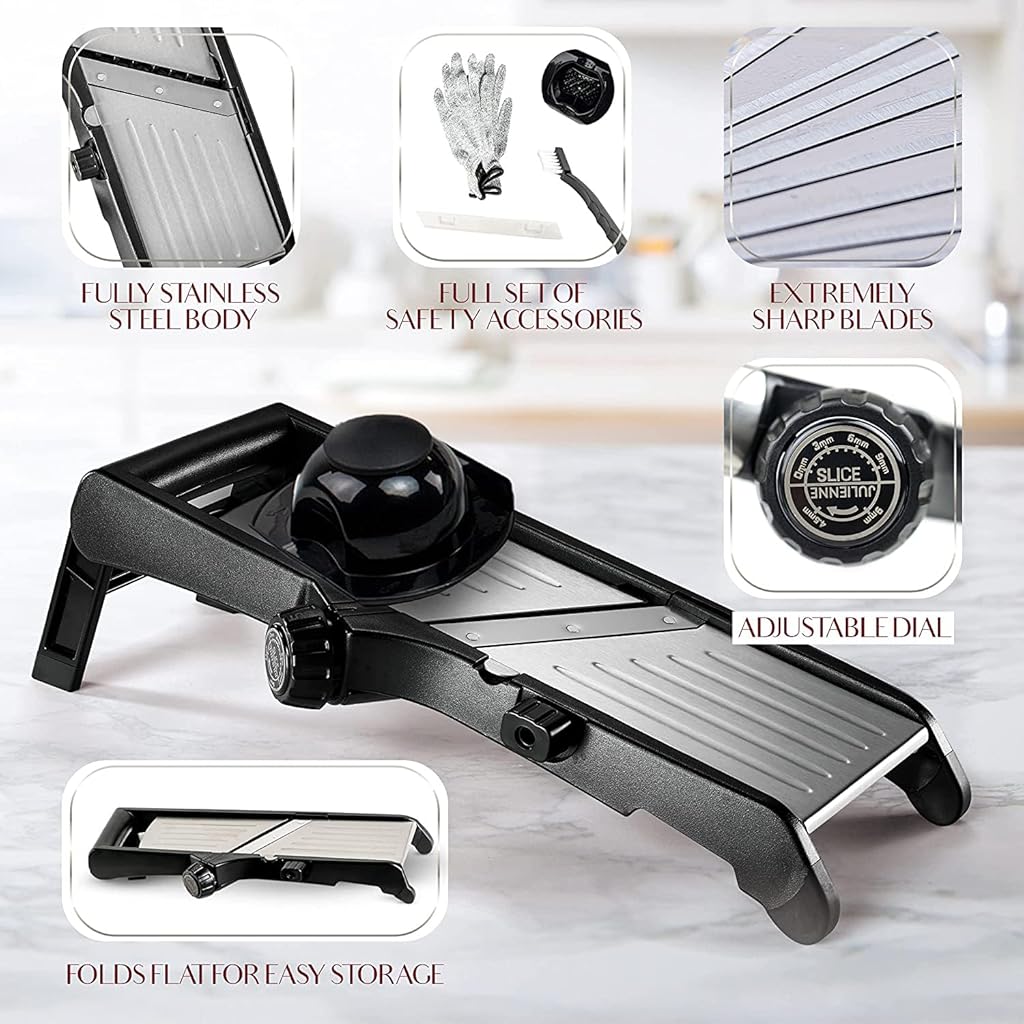 HASTHIP® Adjustable Mandoline Slicer for Kitchen, Potato Cutter, Vegetable Chopper, Mandolin- Include One Pair Cut-Resistant Gloves With a Small Brush-Black