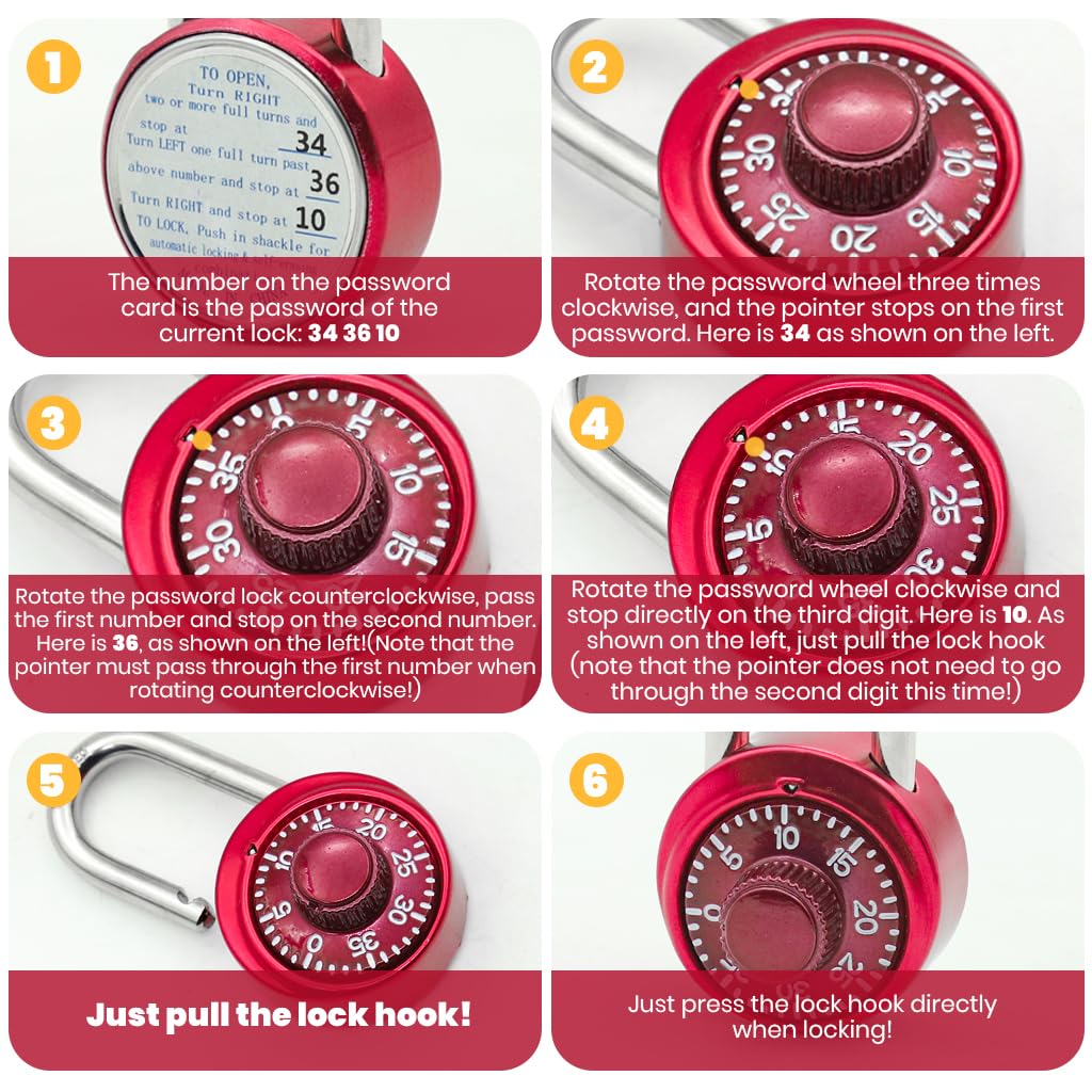 HASTHIP Combination Padlock for Gym Lockers and Gates with 40mm Dial | Anti Cut Metal Lock Red