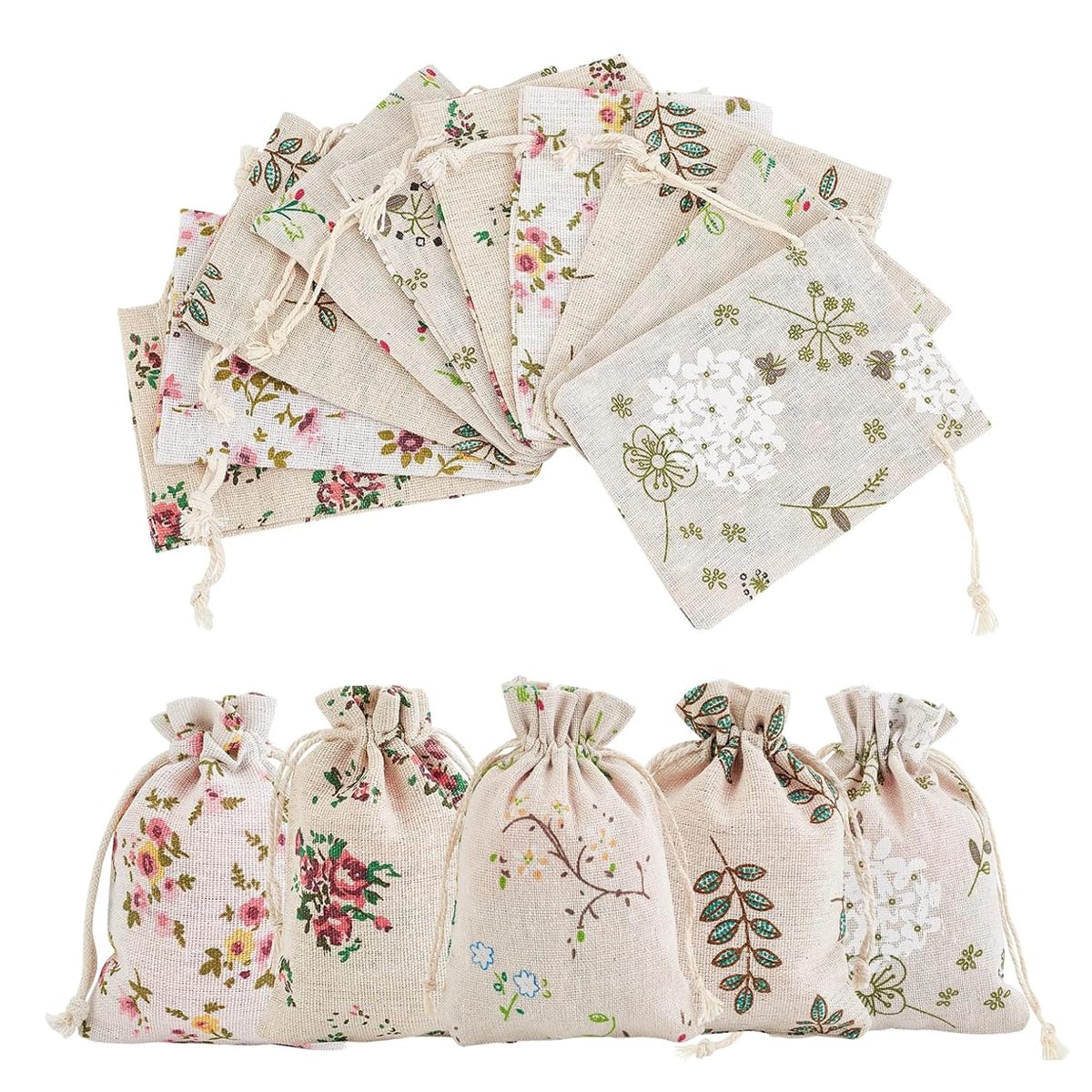 HASTHIP Drawstring Gift Bags for Return Gifts with 20pcs 13x18cm Cotton Flax Fabric | Reusable Rustic Floral Pouches