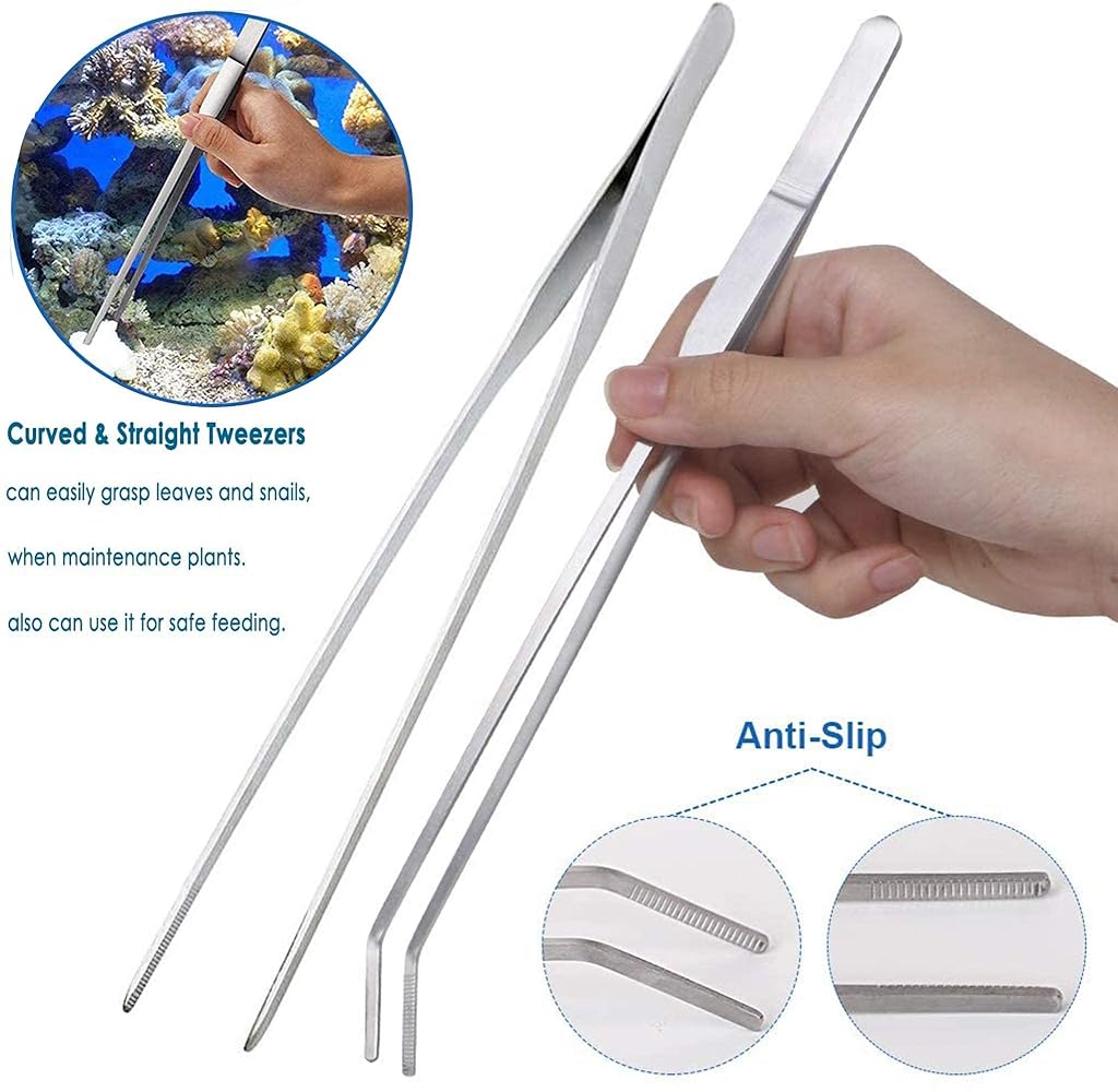 HASTHIP® Kit de Herramientas Aquascaping 7 en 1,Acero Inoxidable para Tanques de Peces,Pinzas Tijeras Espátula Cepillo Limpieza y Red para Plantas Acuáticas y Decoración Acuario