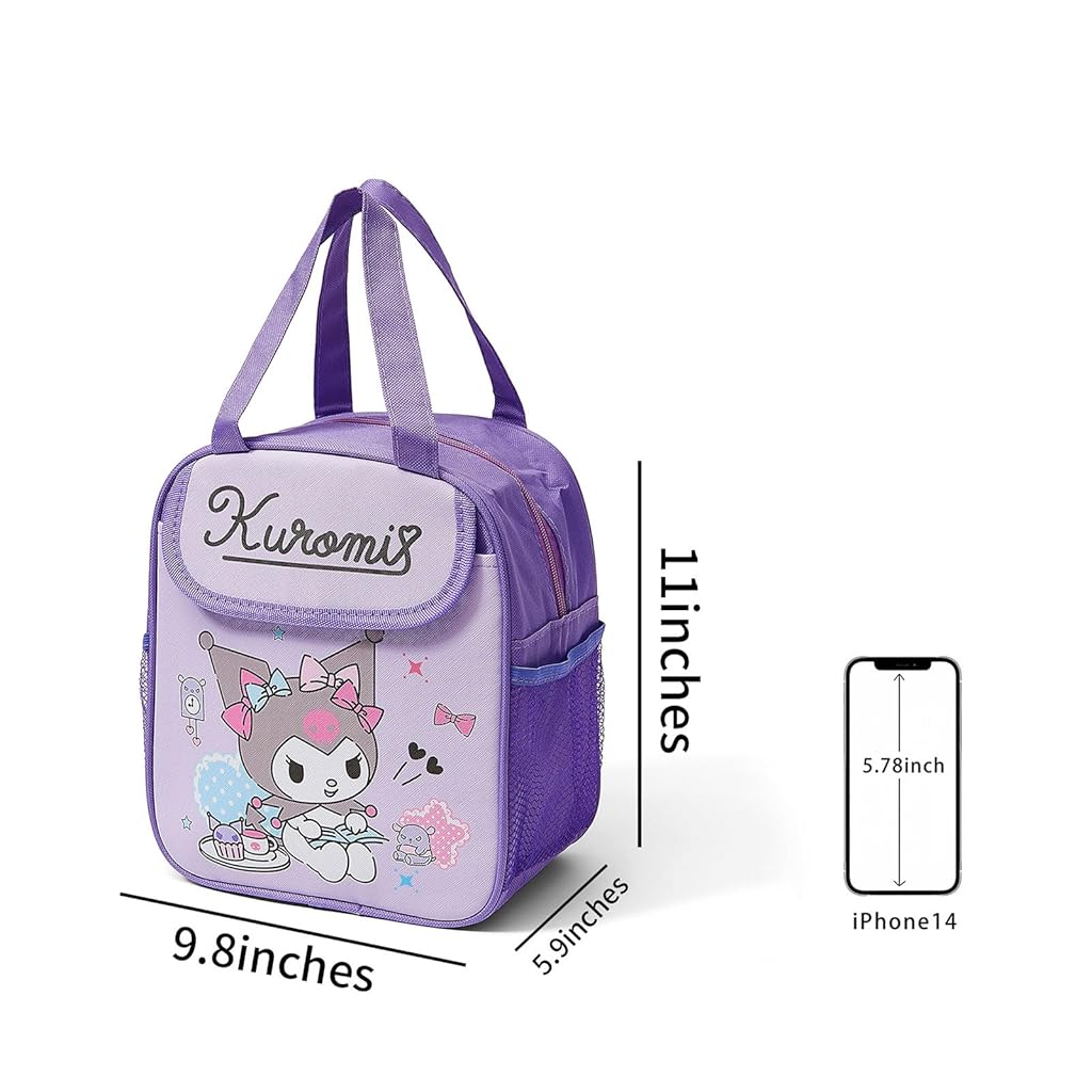 HASTHIP® Insulated Lunch Bag Kawaii Cartoon Kuromi Lunch Box Bag Handbag Bento Bag School Lunch Bag for Girls Picknic Food Bag, 20x13.5x23cm