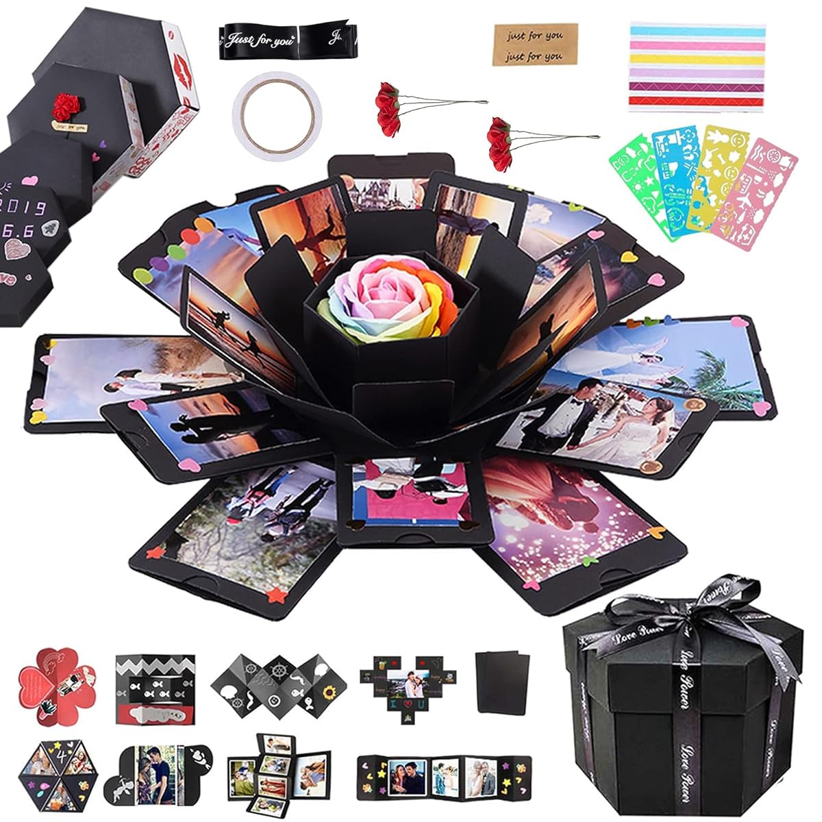 HASTHIP DIY Photo Album Gift Box for Creative Memory Sharing with Hexagon Blooming Design | Includes Tapes Templates and Photo Corner Stickers