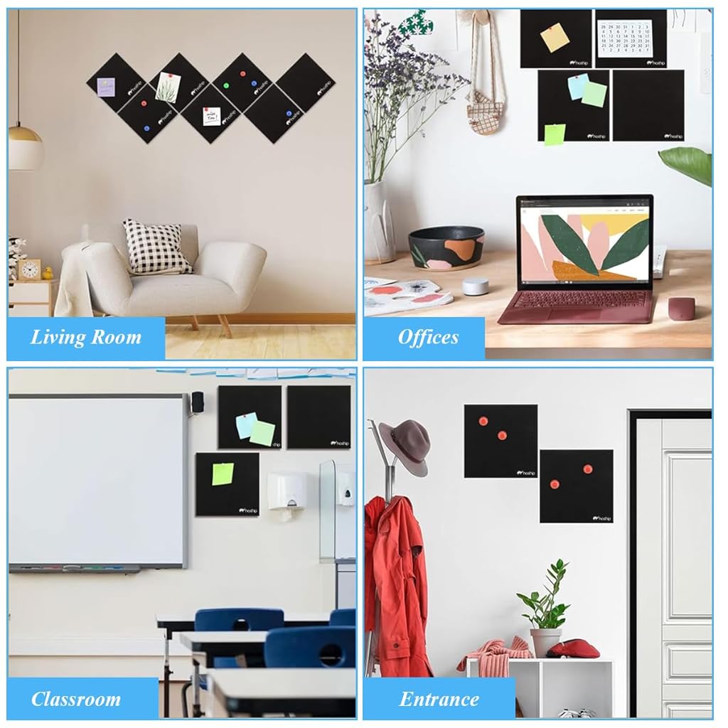 HASTHIP® 6Pcs Felt Bulletin Board, 11.8x11.8inch Self-Adhesive Wall Boards with 50pcs Drawing Pins, Felt Message Board for Paste Notes, Photos, Schedules (Black)