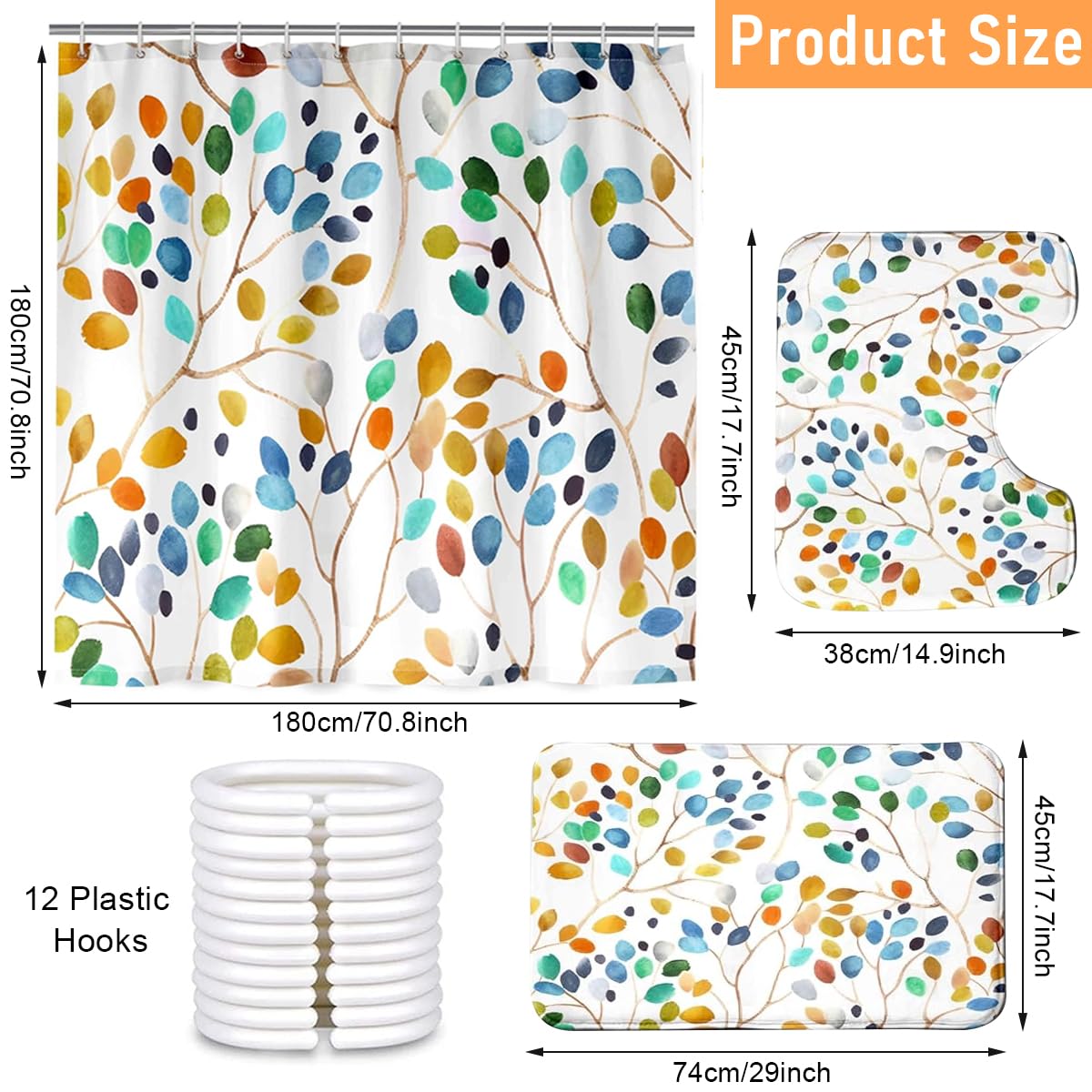 HASTHIP Bathroom Shower Curtain Set for Modern Décor with Boho Leaf Print & Waterproof Mats