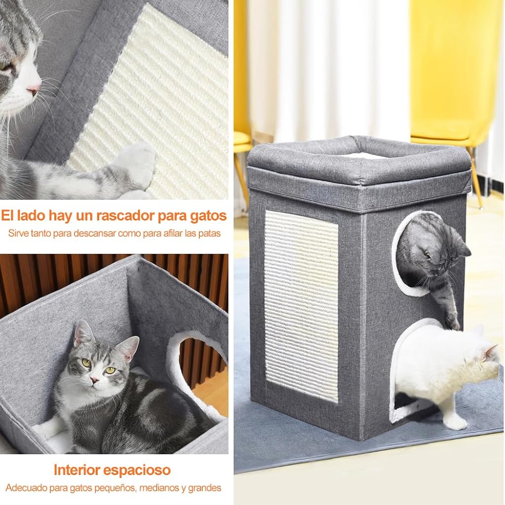 HASTHIP® Foldable Cat House, Cat Bed for Indoor Cats, for Cat Multi Opens Game Tunnel for Cat Double Layer Cat House with Atop Platform & Cat Scratcher Board DIY Assembly Cat House All Season Use