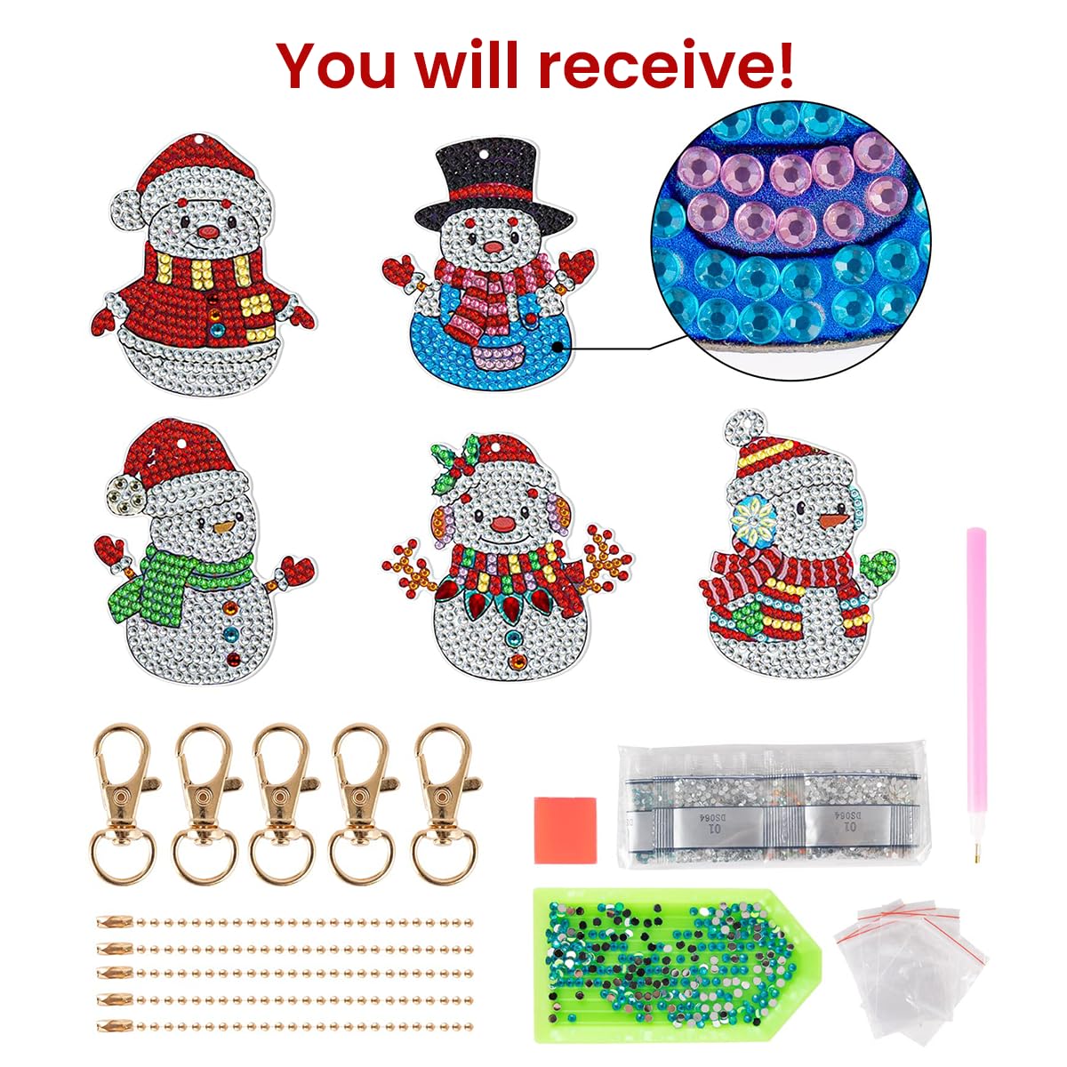 HASTHIP Christmas Diamond Painting Keychain for Bags and Keys featuring 5 Snowman Pendants | Festive Gift Idea
