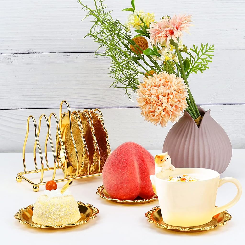 HASTHIP® Set of 6 Small Dessert Plates 3.9 inches Golden Dessert Plates with Golden Metal Stand Luxury Golden Embossing Dessert Plates for Party, Banquet, Birthday, Festivals