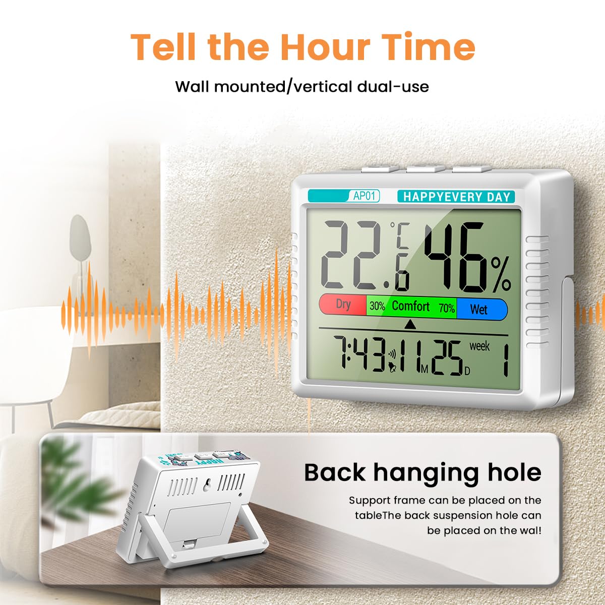 HASTHIP Thermo Hygrometer Alarm Clock for Home with LCD Display and Snooze | Temperature and Humidity Monitor