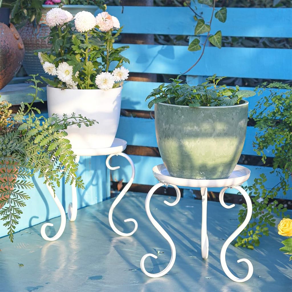 HASTHIP Plant Stand for Indoor and Outdoor with 23x23cm Round Tray | White Iron 2 Pack