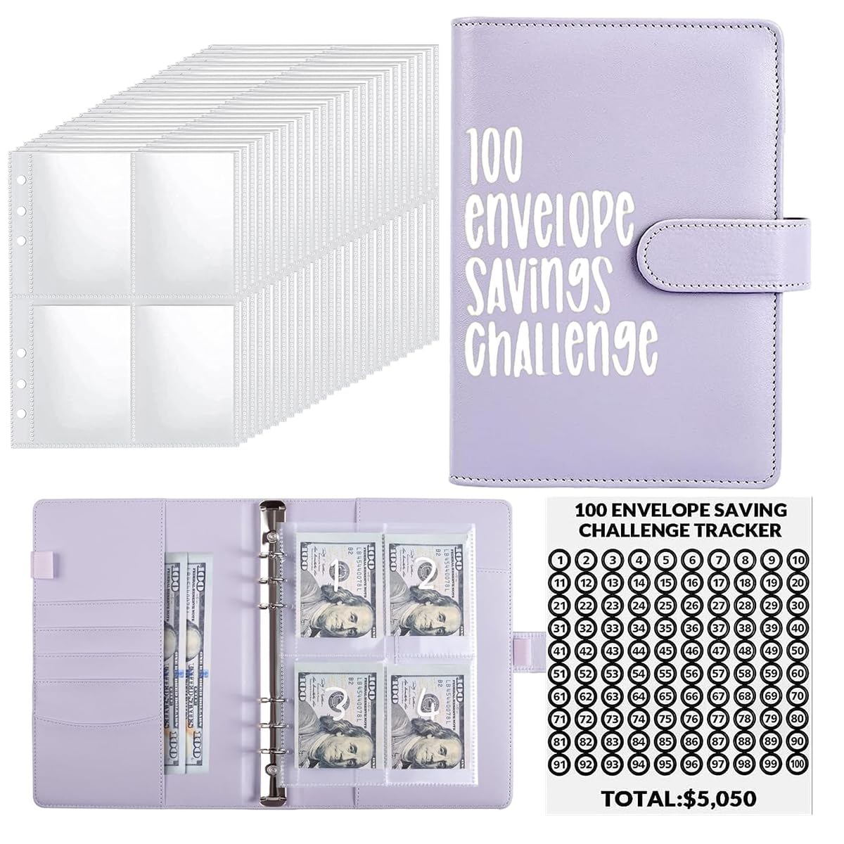 HASTHIP Money Saving Planner for 100 Day Challenge with 100 Cash Envelopes and Pink A5 Binder