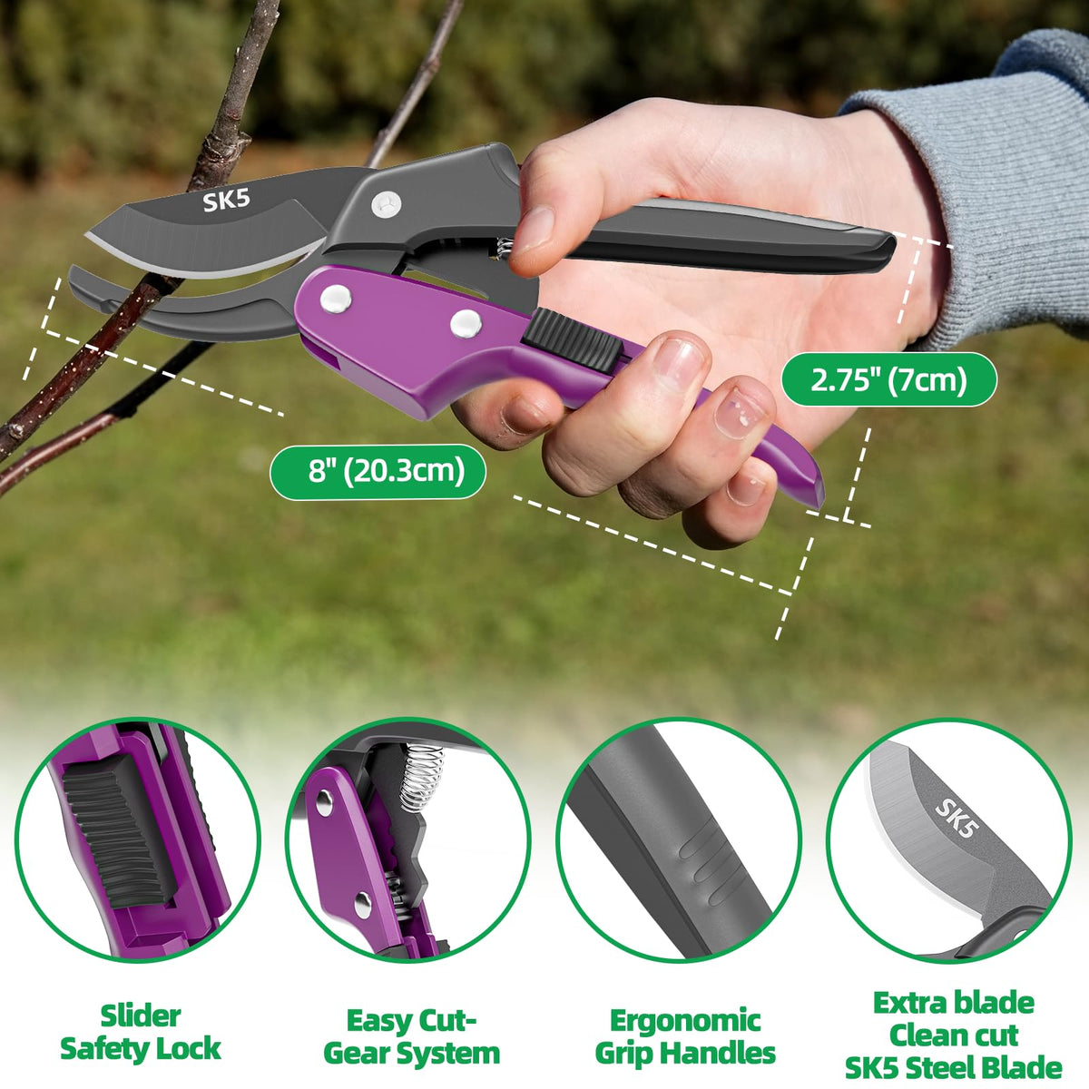 HASTHIP Gardening Scissors for Plants and Shrubs with 20 cm SK5 Blade and Safety Lock | Ergonomic Handle
