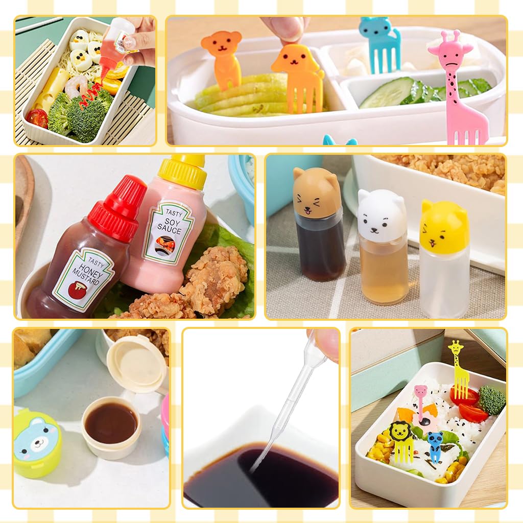 HASTHIP Mini Sauce Bottle Set for Kids with 135 pcs Fruit Forks | Portable Lunch Box Dressing Containers