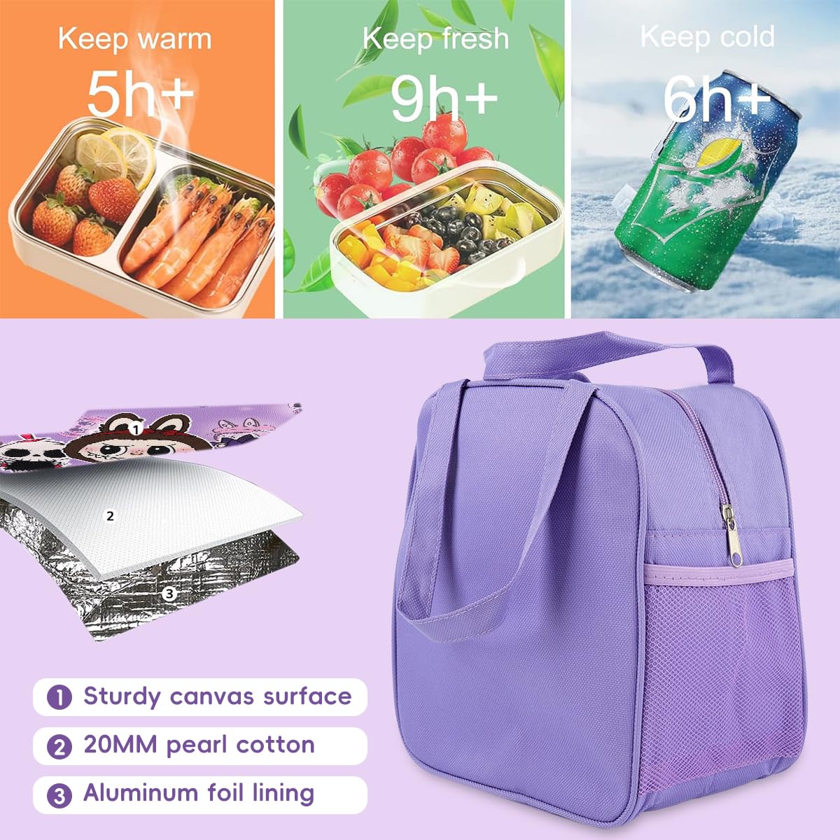HASTHIP Kids Lunch Bag for School and Picnic with Insulated Waterproof Nylon 23x13x23cm | Cute Cartoon Design and Extra Pockets