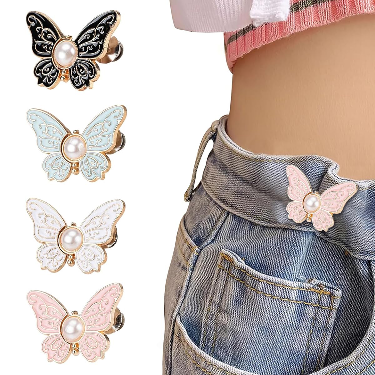 HASTHIP® Clips Ajustables para Jeans con Diseño de Mariposa,Botones Decorativos y Hebillas de Cintura Instantáneas para Pantalones o Faldas,4 Pares Sujetadores Cintura sin Costura