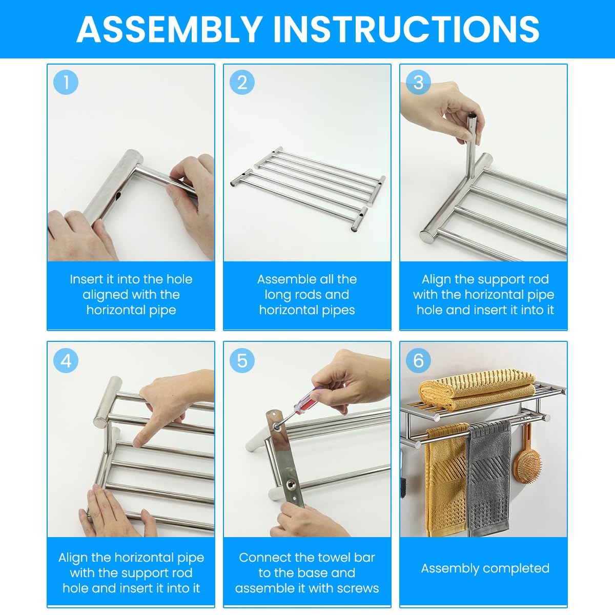 HASTHIP Bath Towel Rack for Bathroom with Double Layer 23.62 in Shelf and Sliding Hooks | 304 Stainless Steel No Drill Wall Mount Organizer