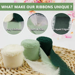 3 Rolls Chiffon Ribbon Fringe Chiffon Silk-Feel Ribbons, Cream & Green Ribbons Set for DIY Craft, Wedding Decoration, Bridal Bouquets, Gifts Wrapping (1.5"x 7Yd Per Roll)