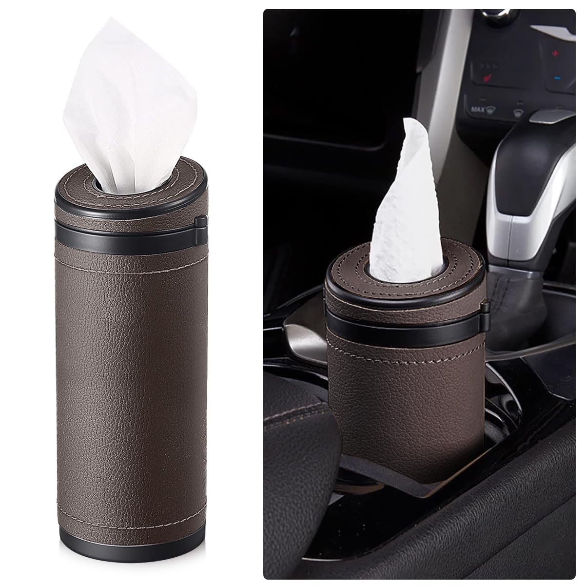 HASTHIP Car Tissue Paper Holder for Cup Holder with Hidden Glass Breaker 2.6×6.8 in PU Leather | Ideal for Car Van Office Use