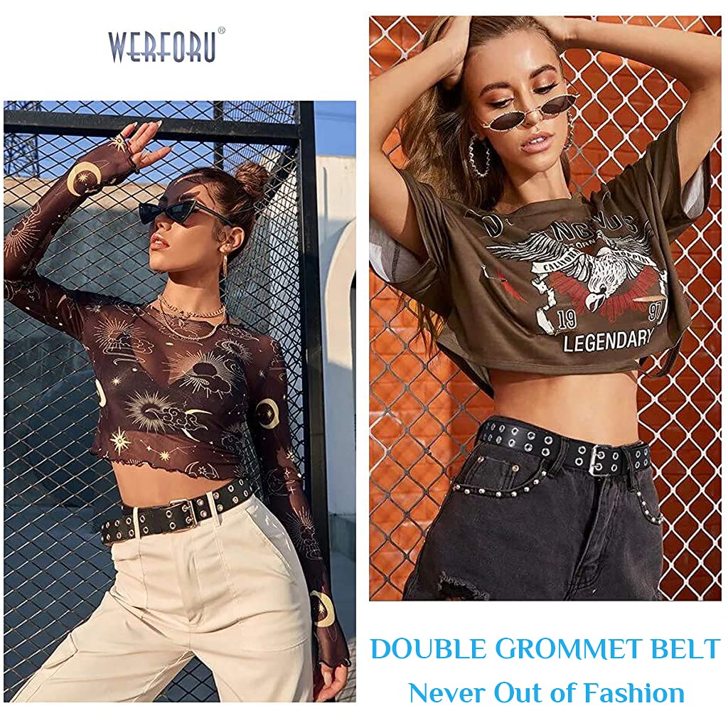 HASTHIP® Cinturón de mujer de cuero gótico con tachuelas,cinturón cintura punk rock con cadena doble,cinturón ajustable para vaqueros vestidos y fiestas accesorios moda negros