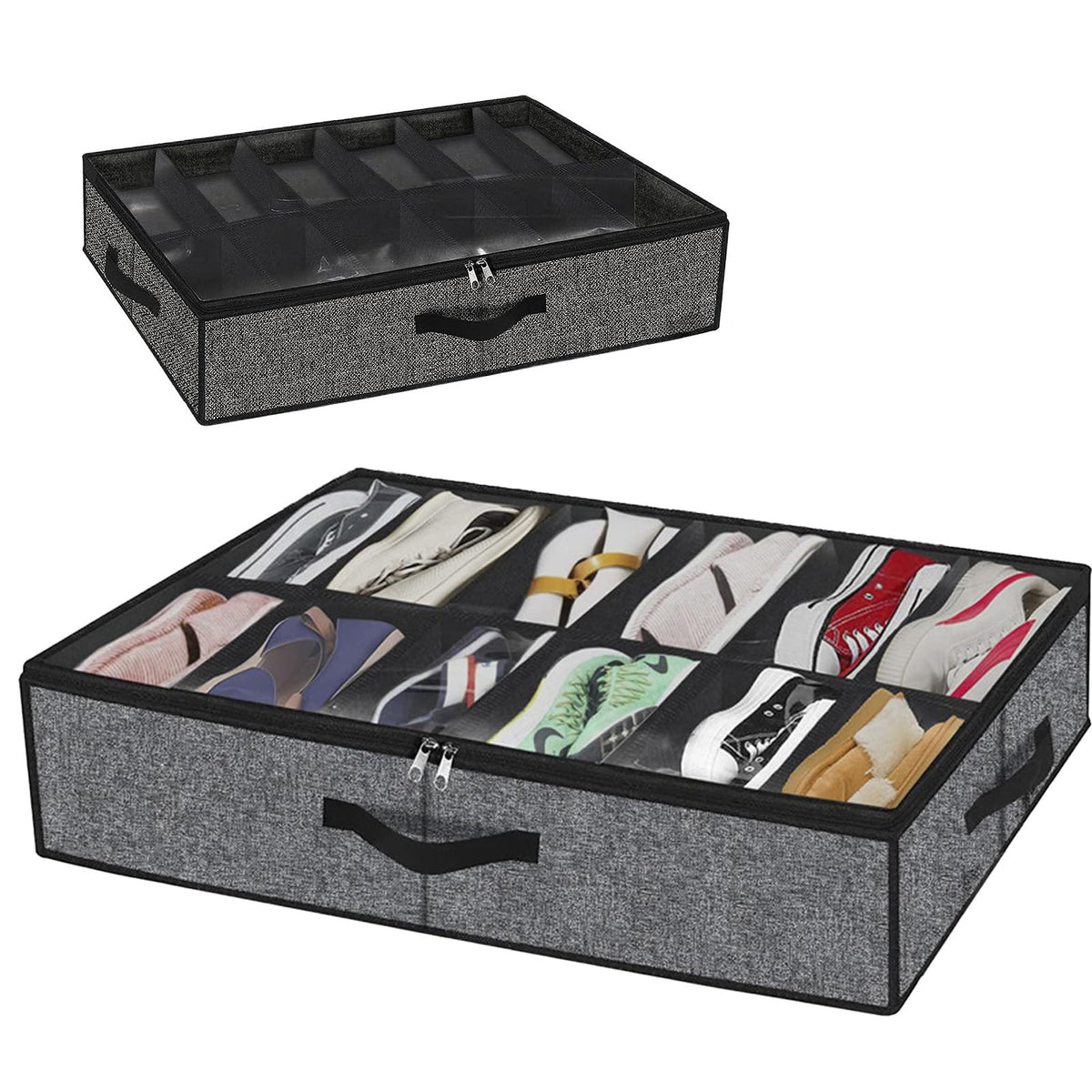 HASTHIP Under Bed Shoe Storage Organizer for 6–12 Pairs with Clear Zip Cover | 75x60x15cm Folding Non Woven Fabric Box