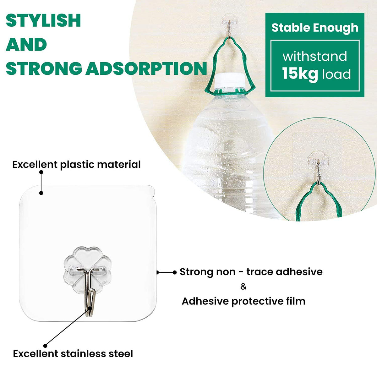 HASTHIP Adhesive Wall Hooks 20 Pack for Bathroom and Kitchen with 22 lb Capacity | Transparent Waterproof Removable Design