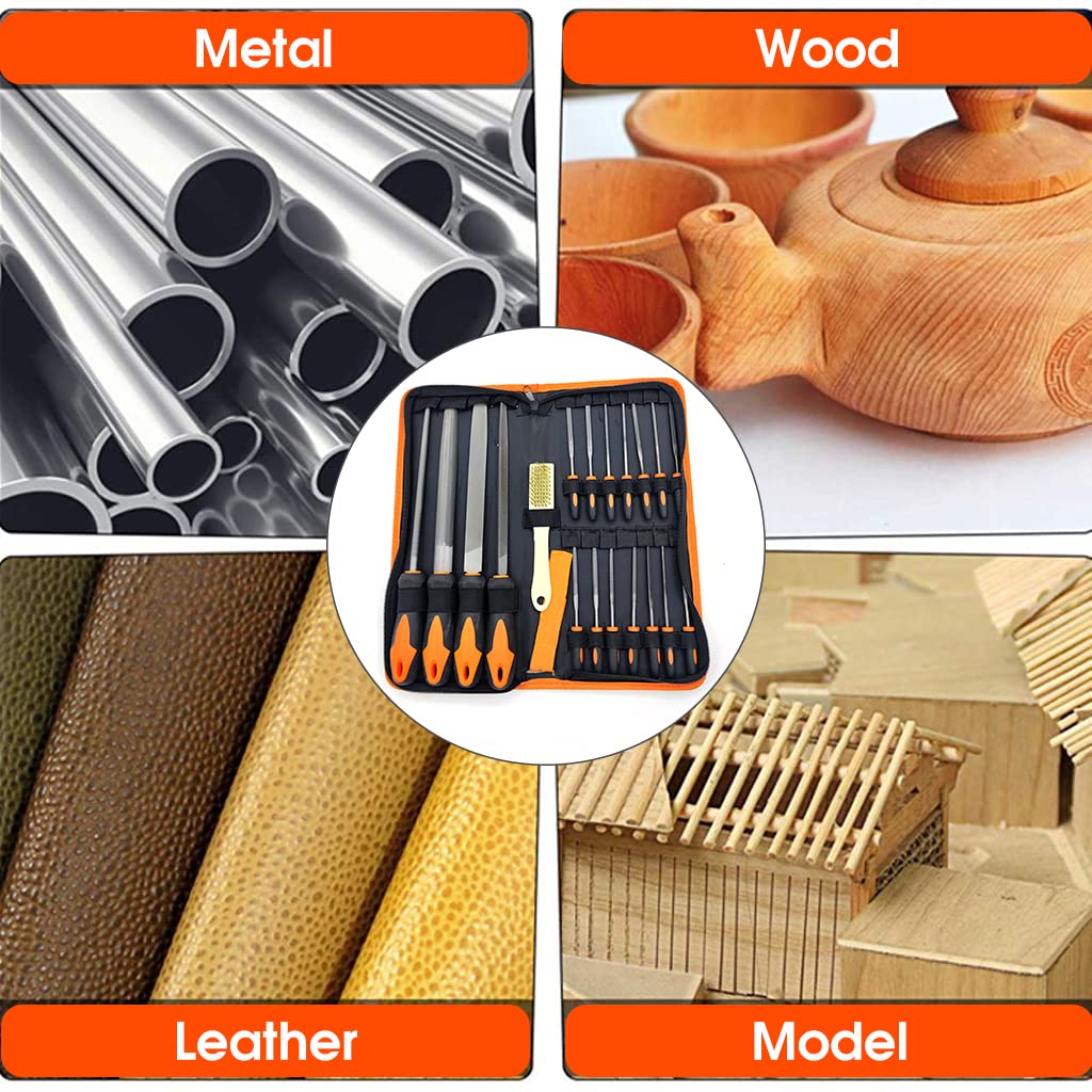 Supvox® 17Pcs File Tools Set with Portable Bag, Premium Grade T12 Drop Forged Alloy Steel File Tools, 4Pcs Precision Large File and 12Pcs Needle Files&1 brush, for Metal Jewelry Engraving Crafts Tool