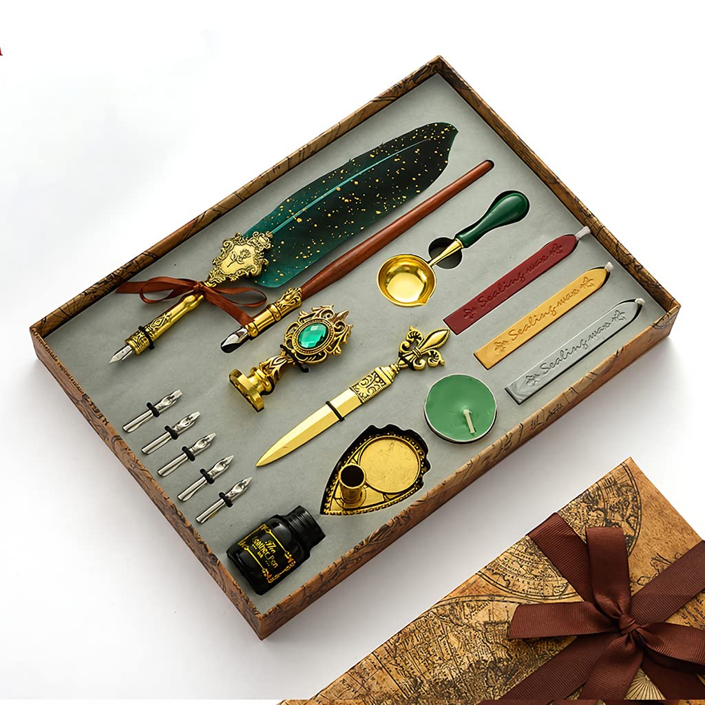 HASTHIP Quill Pen and Ink Set for Calligraphy with 5 Nibs and Wax Seal Kit | Green Feather