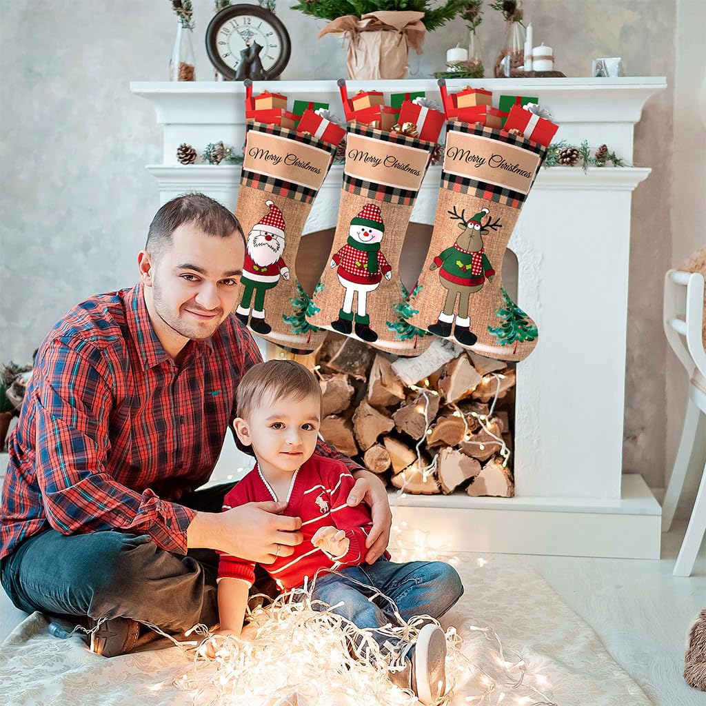 3pcs Christmas Stocking 16 inch Linen Print Christmas Gift Stocking Hanging Christmas Stockings Gift Christmas Stocking Christmas Stocking for Window, Christmas Tree, Door, Christmas Party