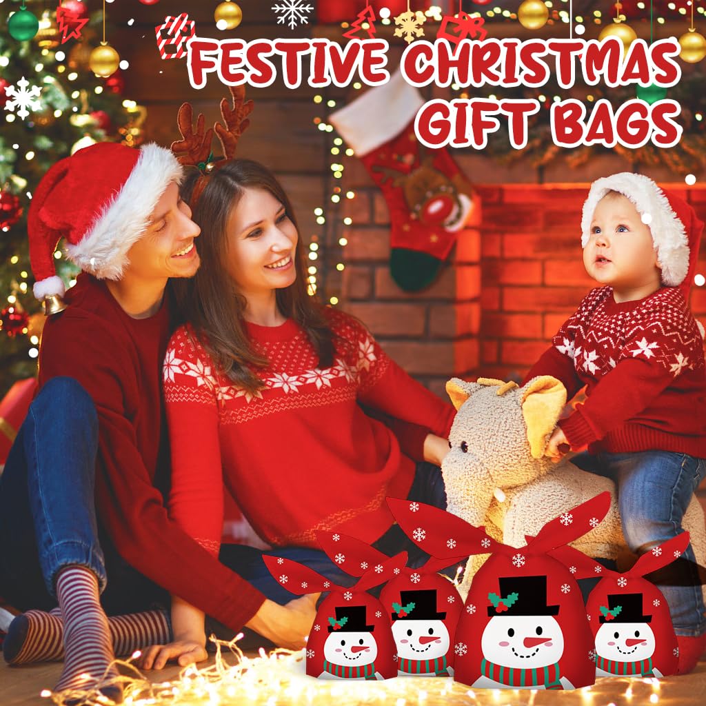 HASTHIP Christmas Gift Bags 50pcs for Small Holiday Gifts with Tie Up Closures | Red Snowman Print 13.5x23cm