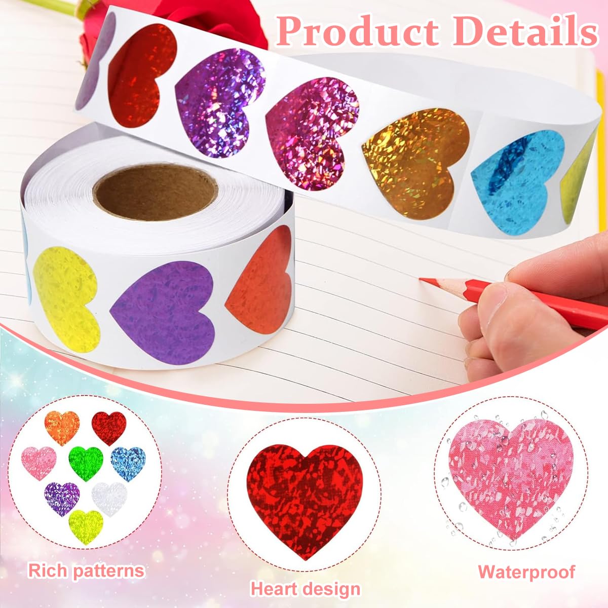 HASTHIP Glitter Heart Stickers for Reward Charts with 500 pcs 1 in Self Adhesive Design | 8 Colors for Teachers and Kids