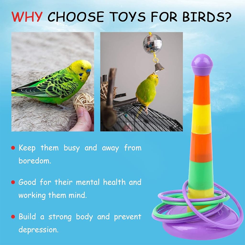 HASTHIP® Juguetes para Aves 7PCS Set Entrenamiento para Pájaros con Carrito Baloncesto Aro Anillos Monopatín Accesorios Educativos Coloridos Loros y Periquitos